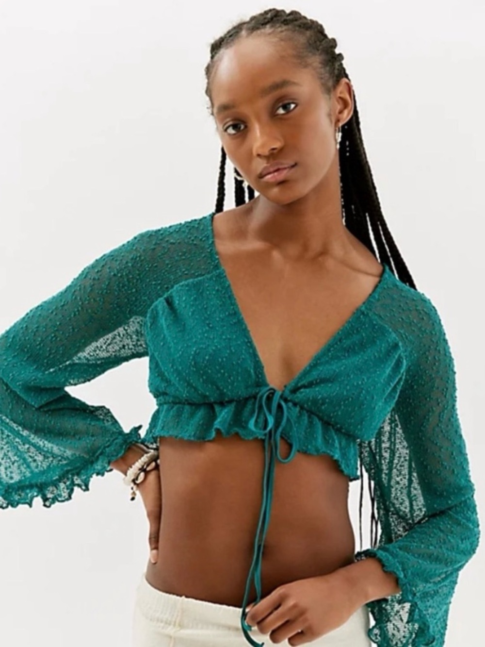 Urban Outfitters Teal Ruffle Tie-Front Crop Top